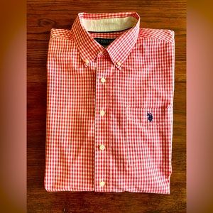 US Polo ASSN Button Down Shirt Classic Gingham Plaid Coral Pink White Size XLT.